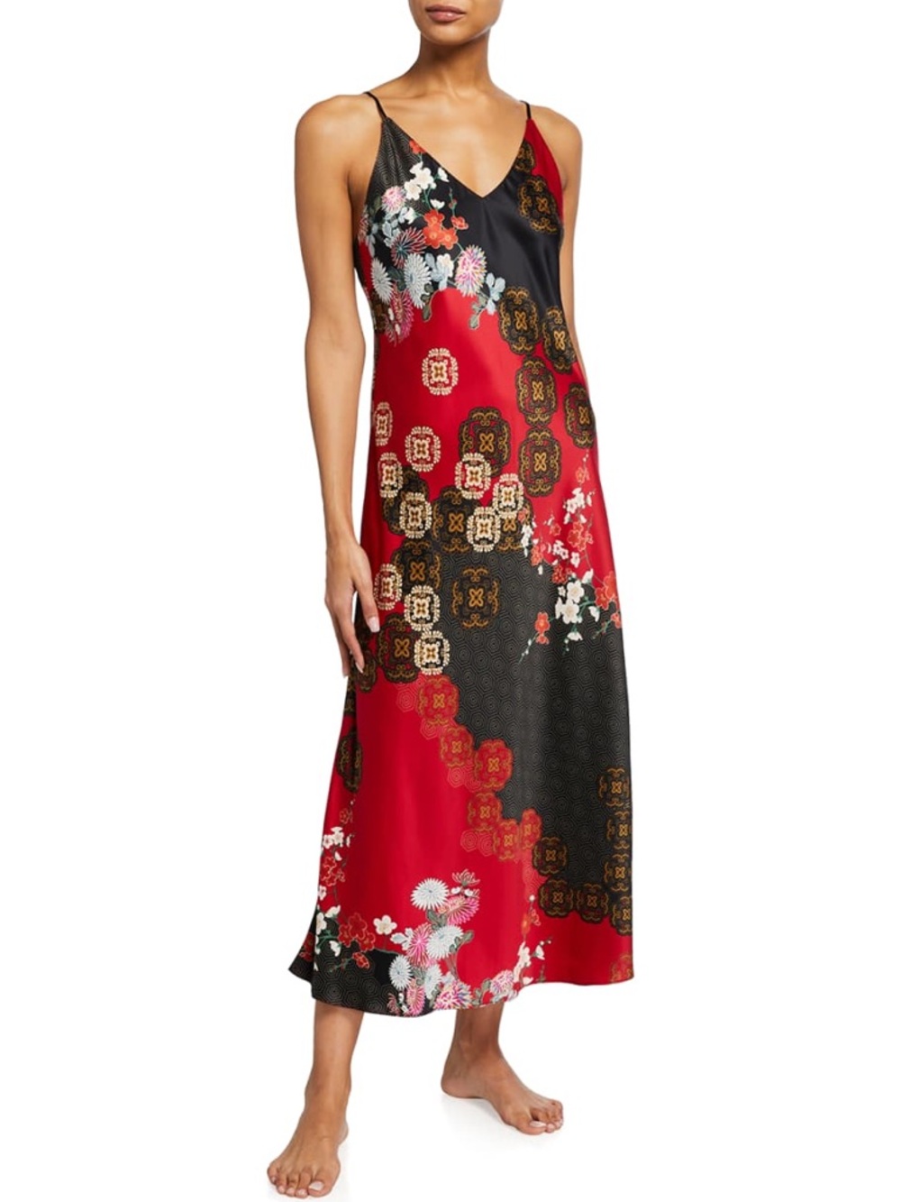 NATORI Medallion Print Red Midi Slip Dress Nightgown Small